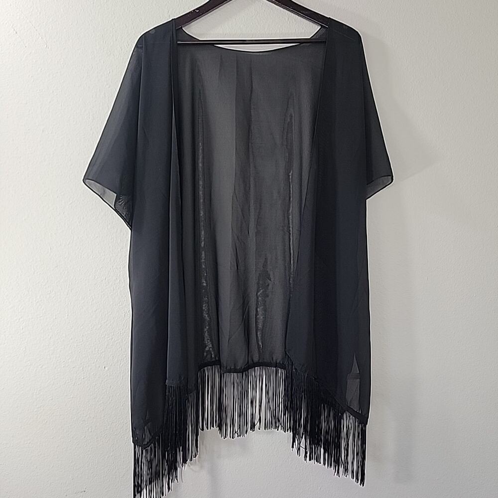 Sheer Black Fringe Swim Cover Up Kimono Medium Boho Beach
